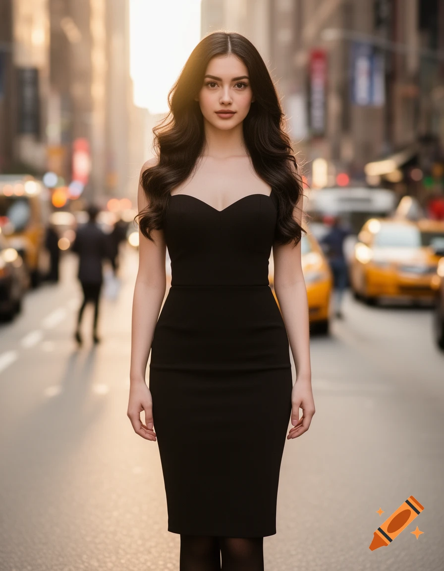 A photorealistic image of a woman in a black dress with long dark hair, standing on a city street at sunset.