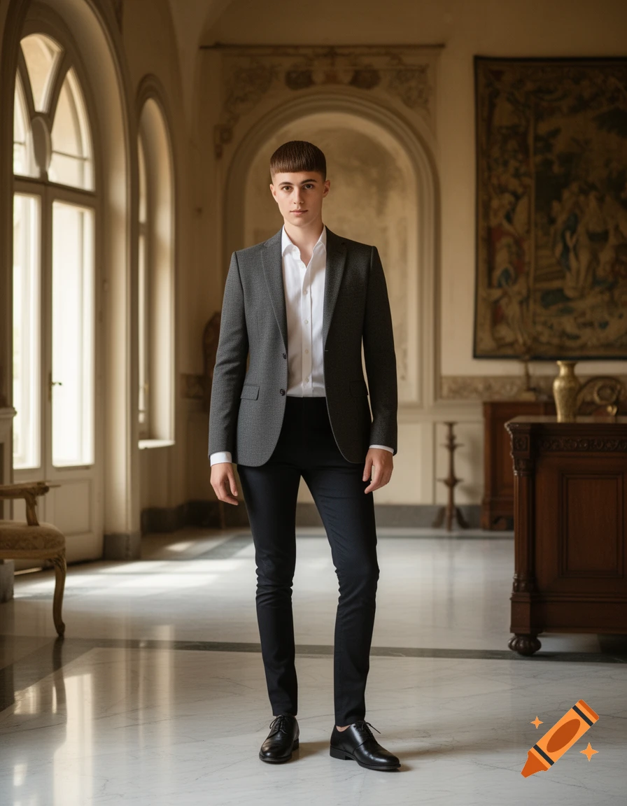 A young person in a dark grey suit and black pants stands in a grand Italian villa hallway with arched windows and a tapestry.