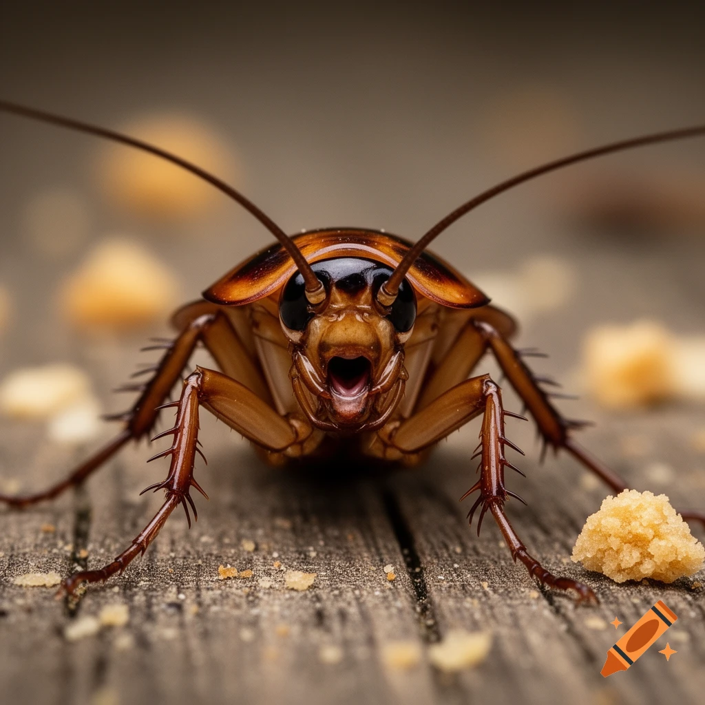 A photorealistic close-up of a brown cockroach with wide black eyes and an open mouth, surrounded by crumbs on a wooden surface.