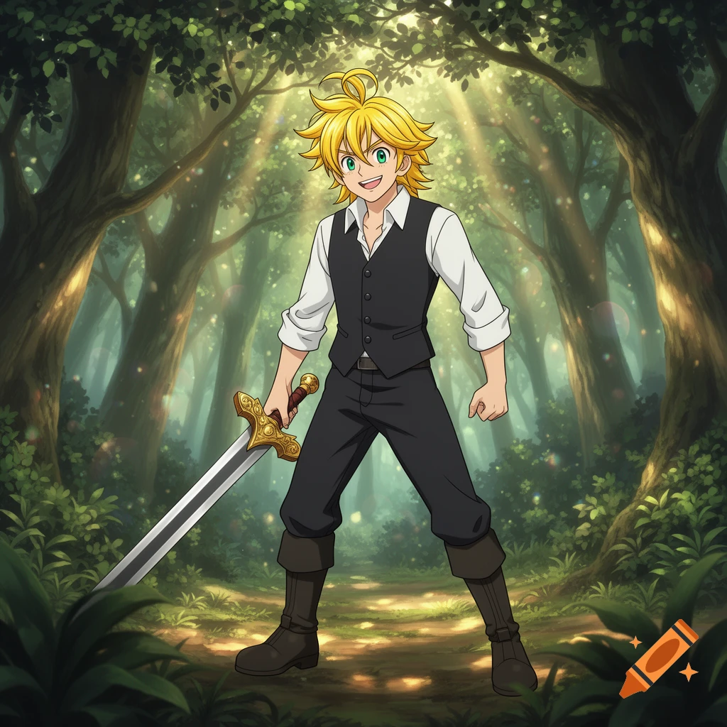 An anime character with blonde hair and green eyes, wearing a white shirt and black vest, stands in a magical forest holding a golden-hilted sword.