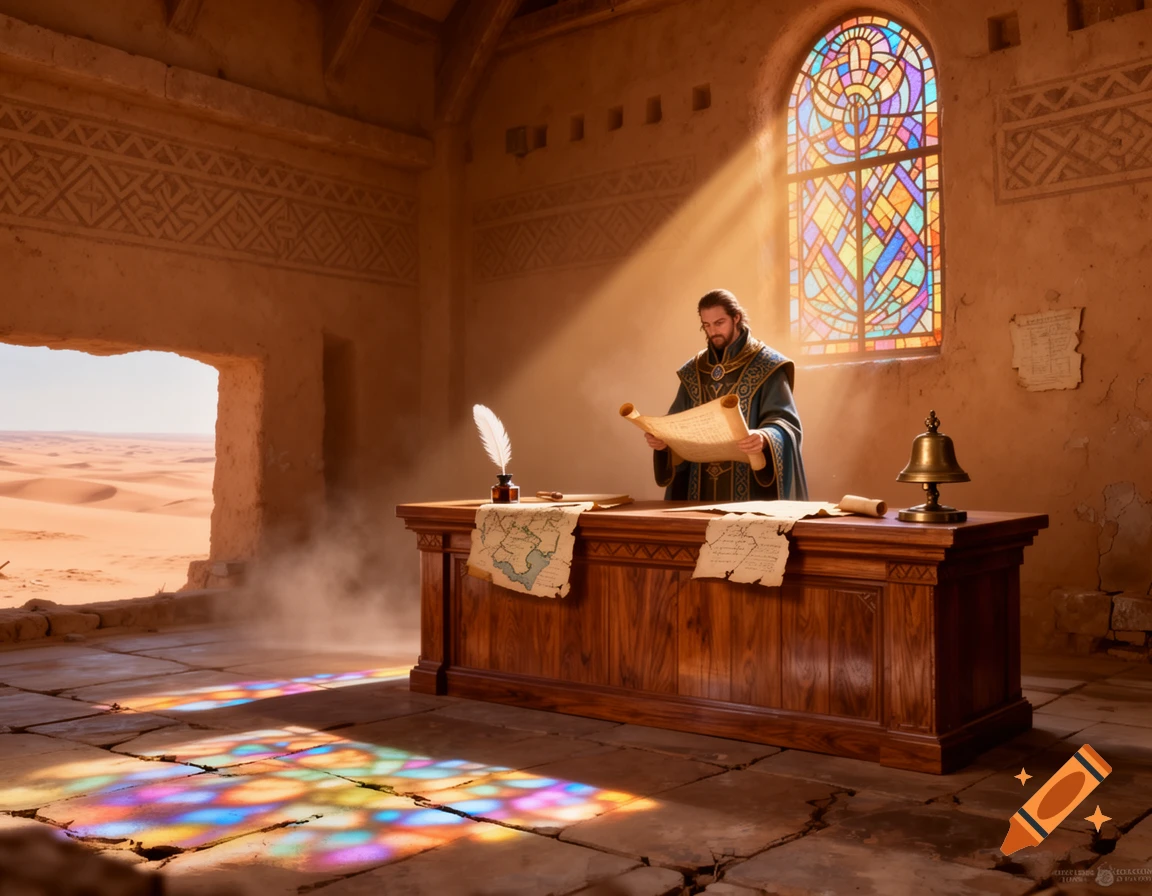 A man in a fantasy robe reads a scroll at a wooden desk inside a desert guild hall with a stained-glass window and sand dunes outside.