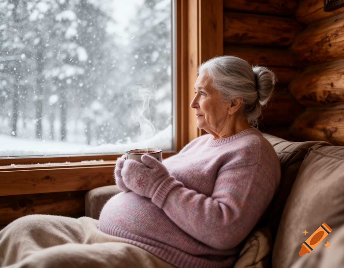 Elderly woman in a sweater and mittens sitting on a couch in a cozy cabin, holding a steaming cup and looking out at a snowstorm.