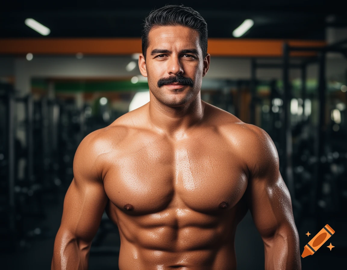 A shirtless, very muscular man with a mustache, sweating in a photorealistic gym setting.