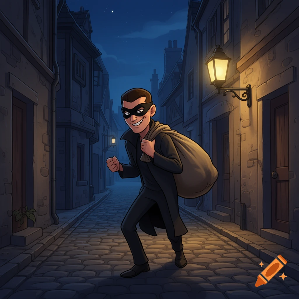 A cartoon thief in a black mask and coat smiles slyly, carrying a large sack in a dark, cobblestone alley lit by a street lamp at night.