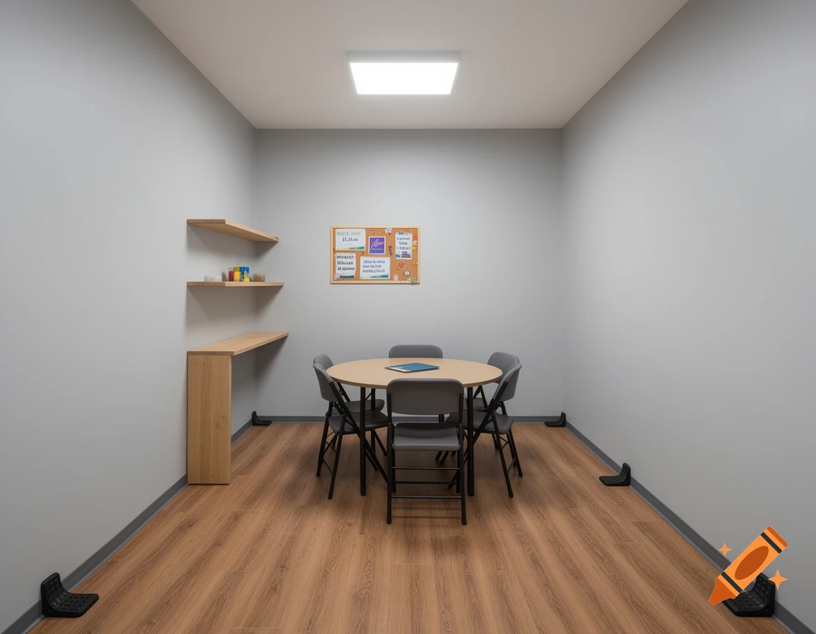 Empty gray room with wooden floor, round table, chairs, bulletin board, and wooden shelves.
