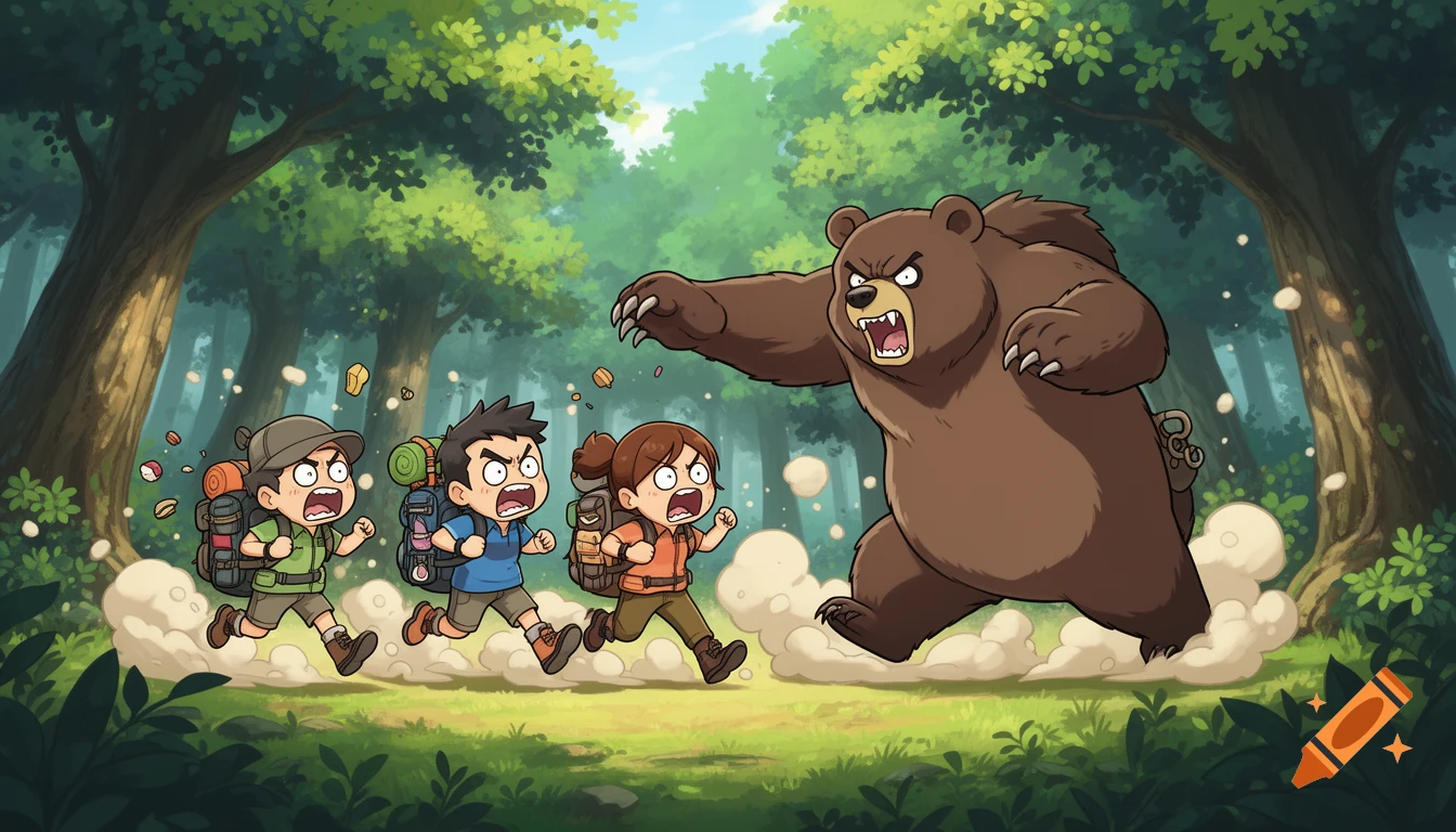 Three cartoon hikers with backpacks run through a forest, screaming in fear as a large, enraged brown bear chases them, kicking up dust.