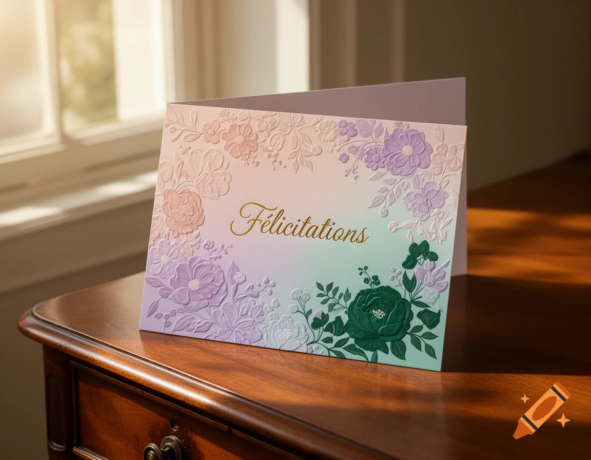 A congratulation card with embossed pastel floral designs and "Félicitations" in gold text, on a wooden table.