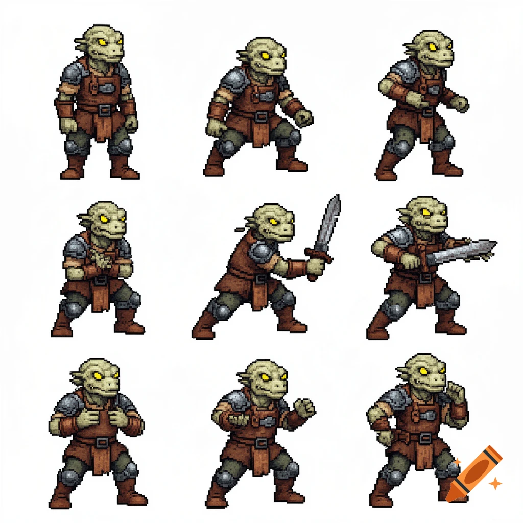 Nine pixel art goblin-like character sprites in various action poses on a white background, in the style of Monkey Island.