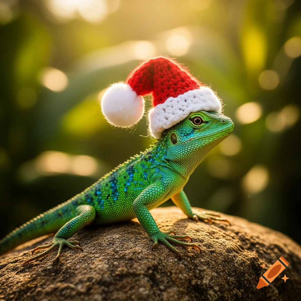 A vibrantly green and blue lizard wearing a red and white Santa hat, perched on a textured rock with a soft, sunlit green background.