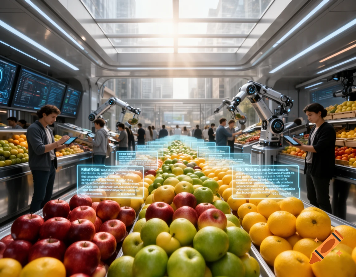 Futuristic grocery store with AI robots, people using tablets, and vibrant displays of apples, oranges, and limes.