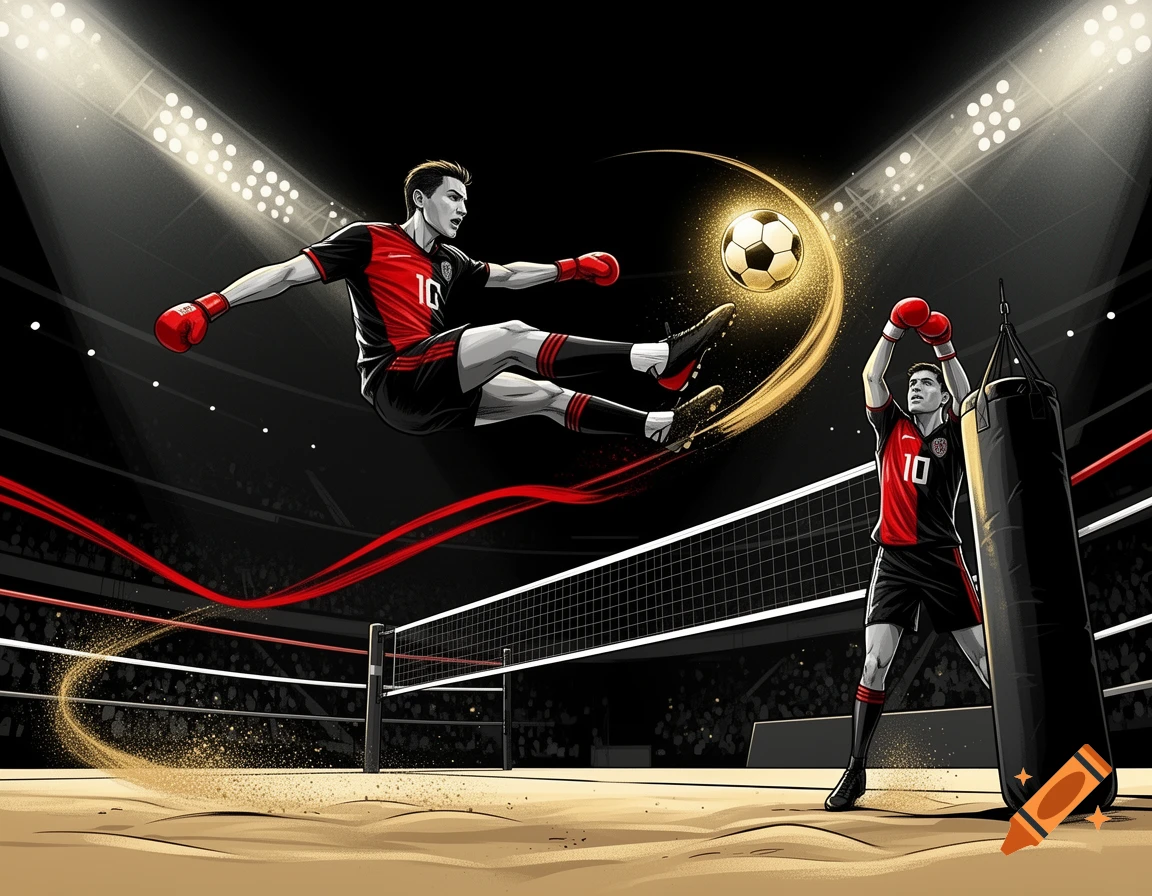 Comic art of a soccer player with boxing gloves kicking a glowing ball over a volleyball net, another athlete by a punching bag in a stadium.