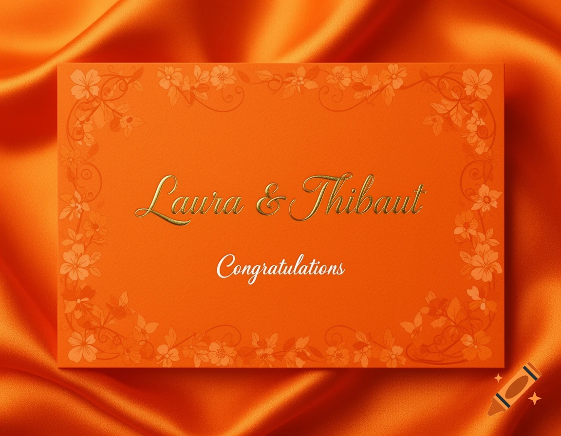 An orange wedding congratulations card with golden names 'Laura & Thibaut' and 'Congratulations' in white script, on a satin background.