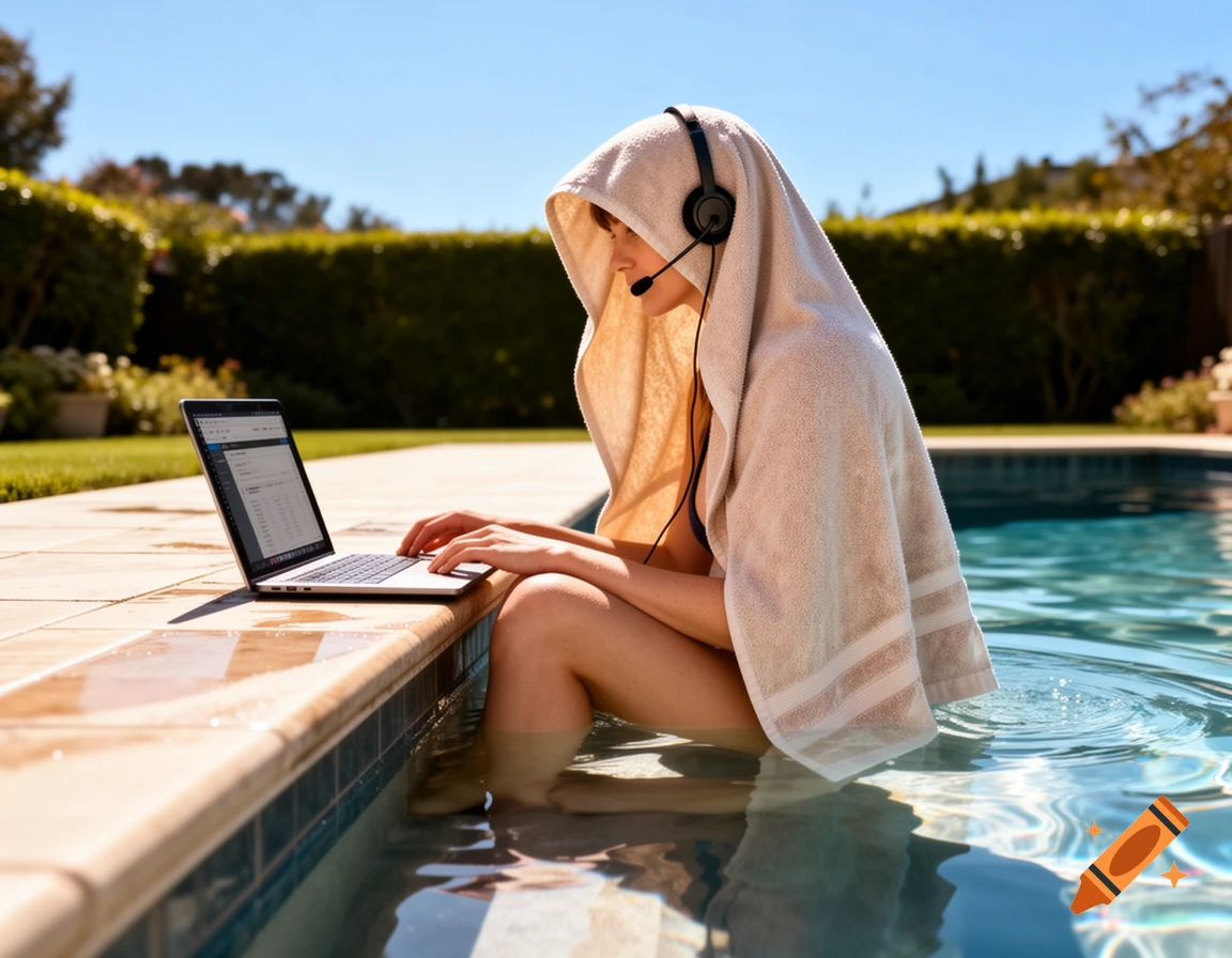 Woman working on a laptop by a pool, wearing a towel over her head and headphones, with her legs in the water.