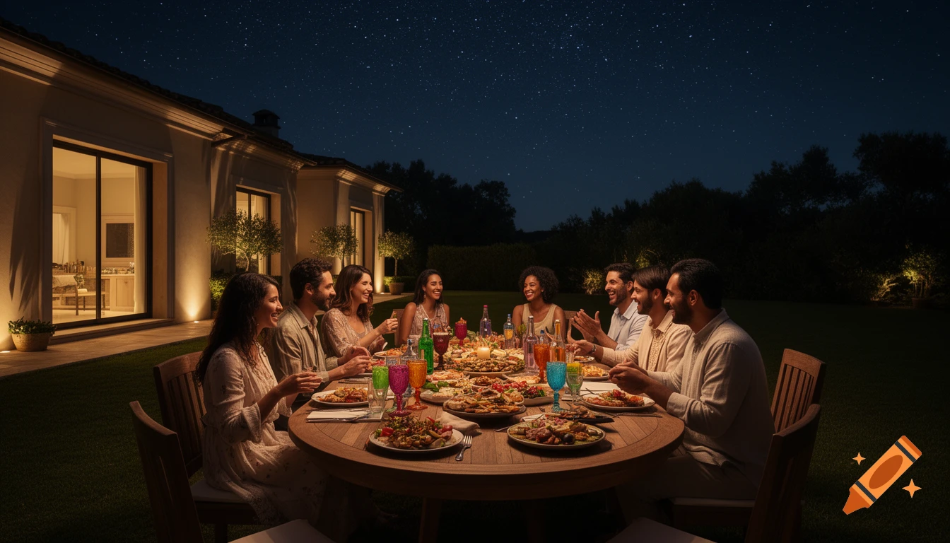 Eight friends enjoy an outdoor dinner party with various dishes and drinks under a starry night sky outside a villa.