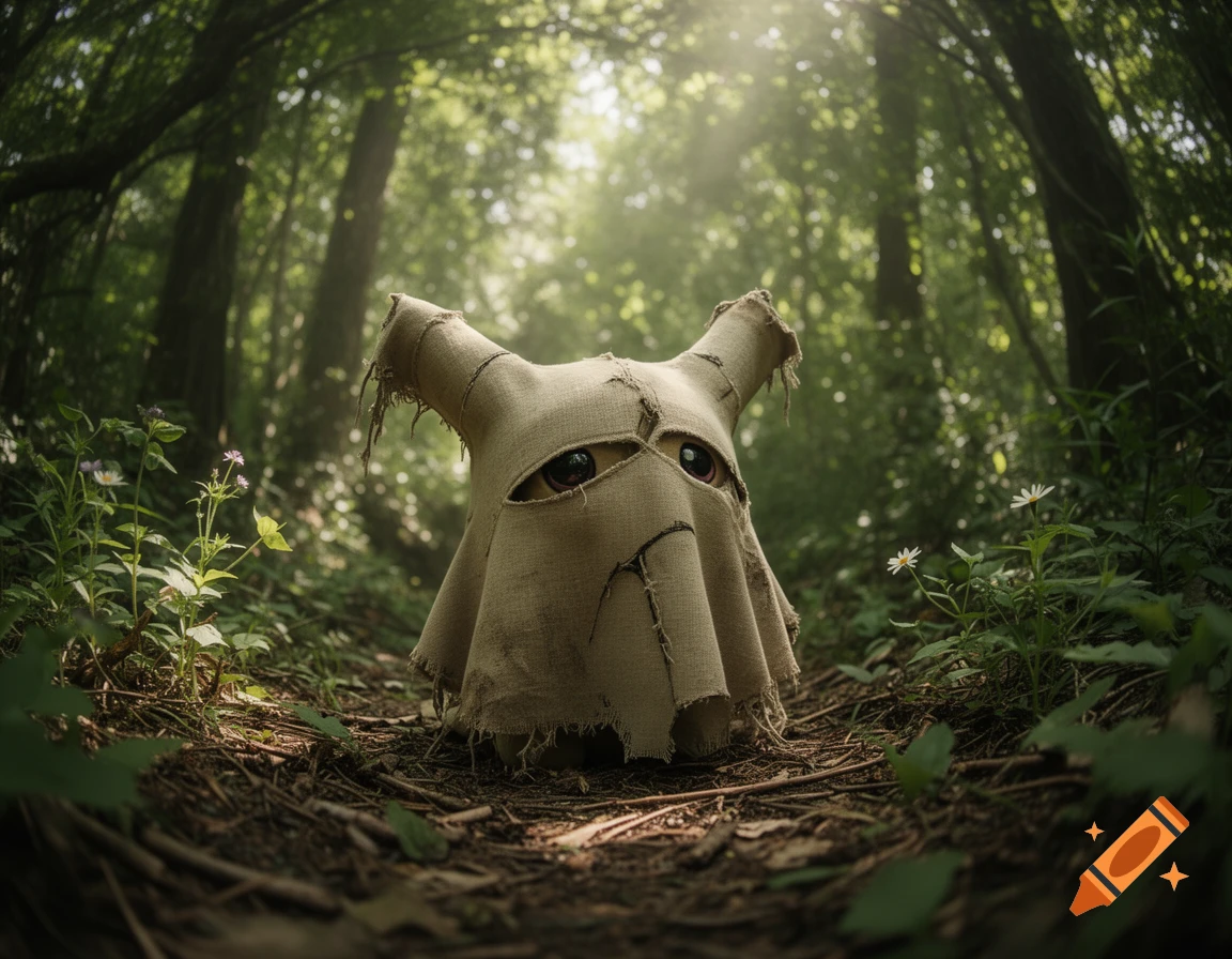 A burlap Mimikyu-like creature with large eyes stands on a forest floor, bathed in sunlight filtering through trees.