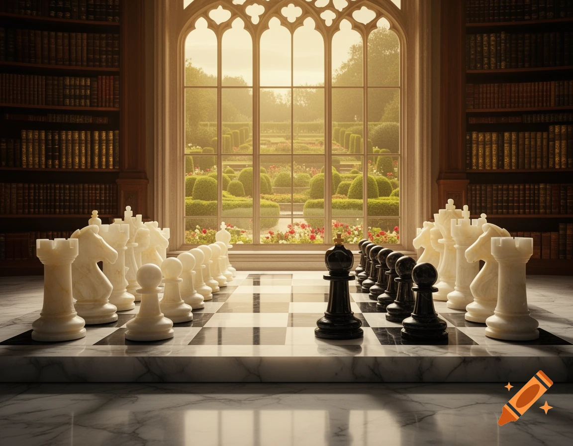 A grand room with a marble chessboard set for play, overlooking a lush formal garden through a large gothic window.