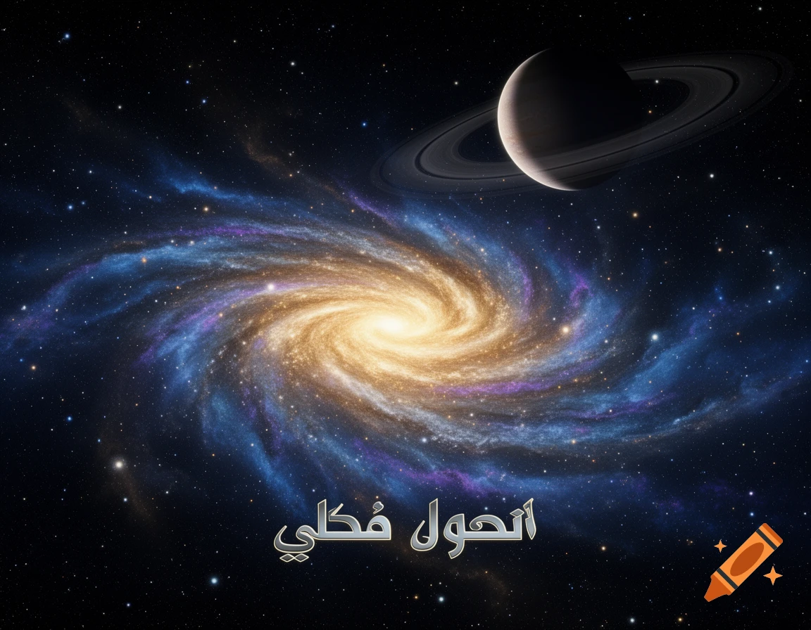 A vibrant spiral galaxy with a bright yellow core and blue arms, set against a dark starry sky, with a ringed planet resembling Saturn in the upper right. Arabic text is at the bottom.