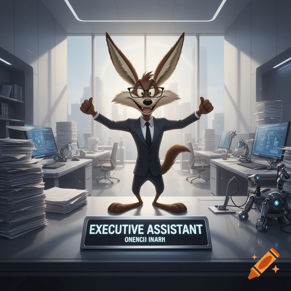 Wile E. Coyote in a suit stands in an office, giving two thumbs up, with a nameplate reading "EXECUTIVE ASSISTANT" on the desk.