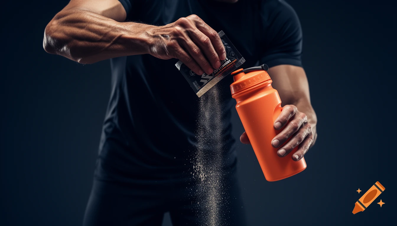 Close-up of a muscular person pouring supplement powder from a black sachet into an orange sports bottle.