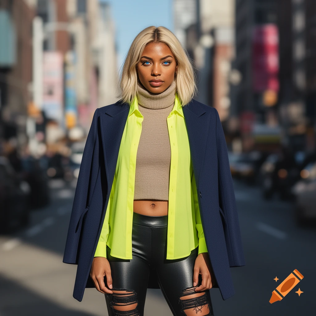 Photorealistic portrait of a woman with blonde hair and blue eyes, wearing a neon shirt, turtleneck, navy jacket, and ripped black pants on a city street.
