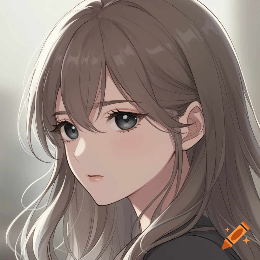 Anime-style portrait of a young woman with long ash brown wavy hair and dark blue-gray eyes, looking slightly to the side.