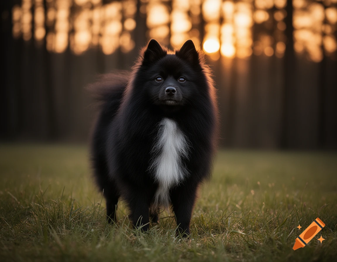 A fluffy black Spitz dog with a white chest patch stands in green grass, backlit by a golden sunset through trees.