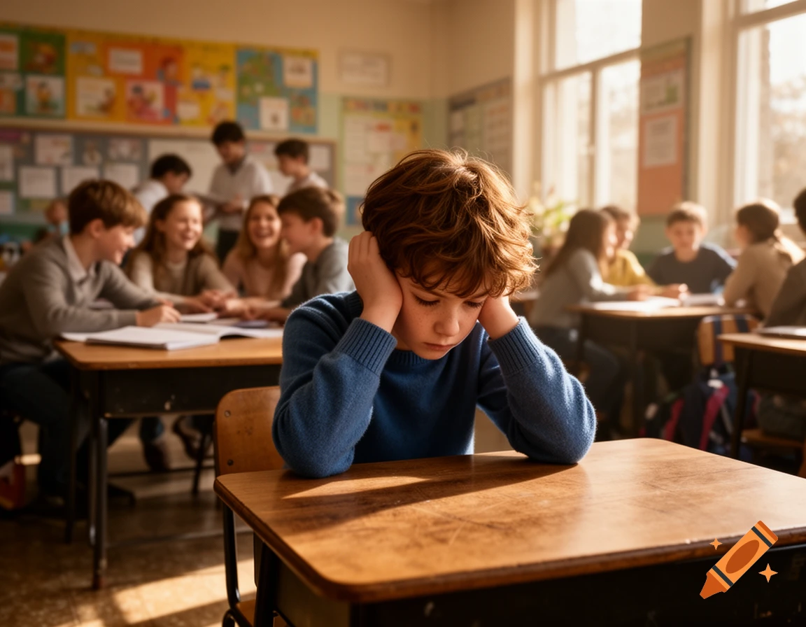 A sad boy sits alone at a desk in a sunlit classroom, head in hands, while other children interact in the background. Photorealistic.