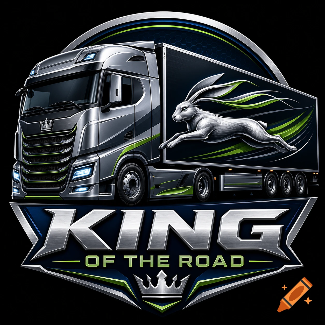 A modern metallic logo featuring a semi-truck and a leaping rabbit above the text 'KING OF THE ROAD'.