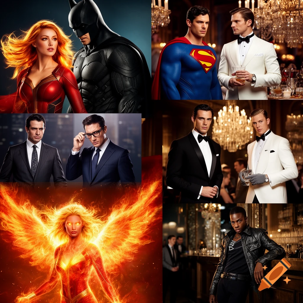 A collage of six panels featuring characters like Jean Grey as Phoenix, Batman, Superman, and men in suits, some in formal settings.