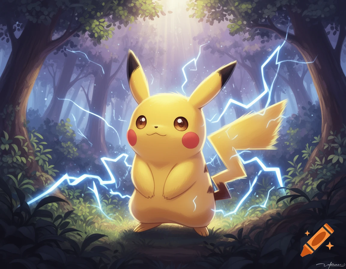 A cute Pikachu stands in a magical forest, surrounded by bright blue lightning. Digital art style.