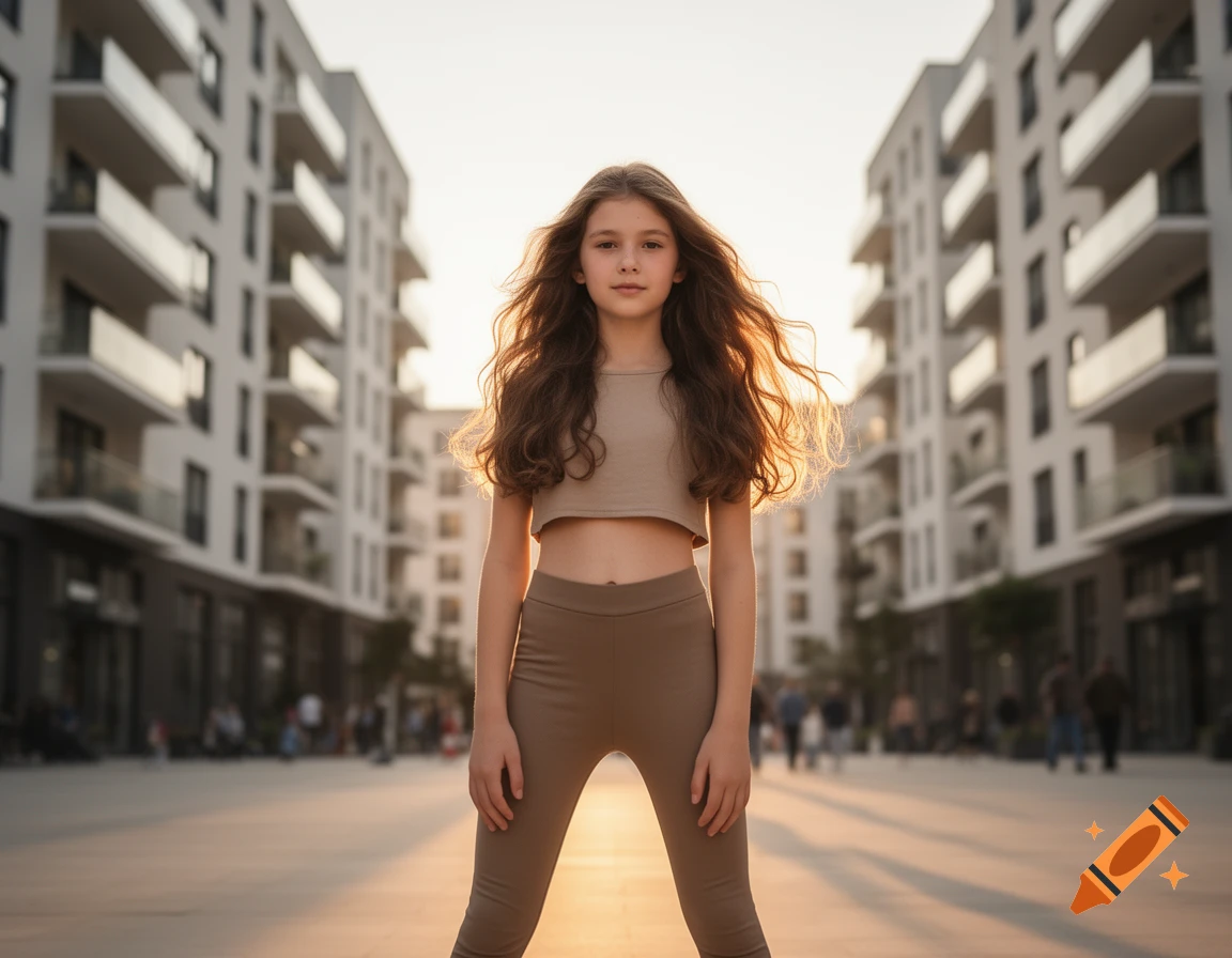 A young girl with long brown hair wearing a beige crop top and leggings stands in a plaza with modern apartment buildings at sunset.