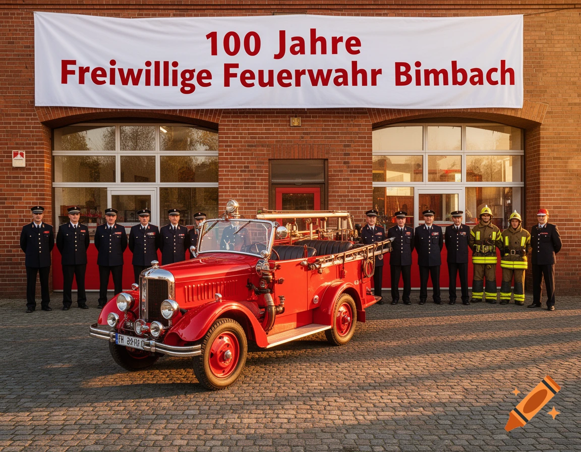 A group of firefighters pose with a vintage red fire truck in front of a brick fire station. A banner overhead reads "100 Jahre Freiwillige Feuerwehr Bimbach".