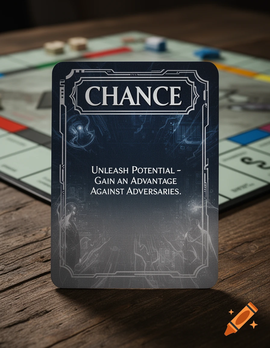 A stylized dark blue 'Chance' card with white text on a wooden table, with a blurred Monopoly-style game board in the background.