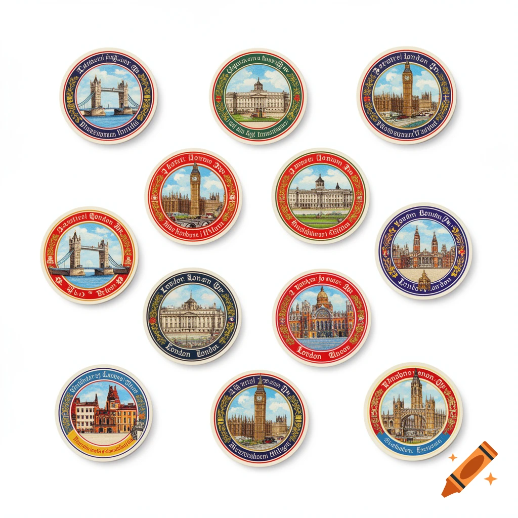 Eleven nostalgic round illustrated labels featuring various London landmarks like Tower Bridge, Big Ben, and Buckingham Palace, on a white background.