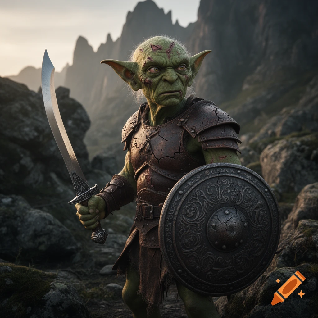 Green-skinned goblin warrior with scars in leather armor, holding a scimitar and shield in a rocky mountain landscape at dusk.