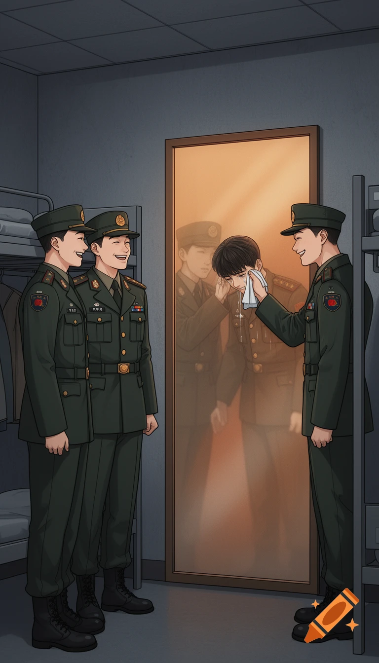 Two smiling soldiers stand in a barracks, looking at a mirror that reflects one of them crying while being comforted by the other, in webtoon style.
