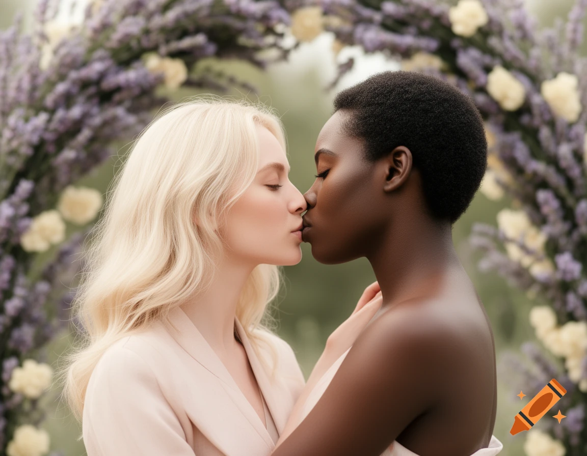 A blonde woman and a dark-skinned woman with short dark hair kissing under a lavender and yellow floral arch.