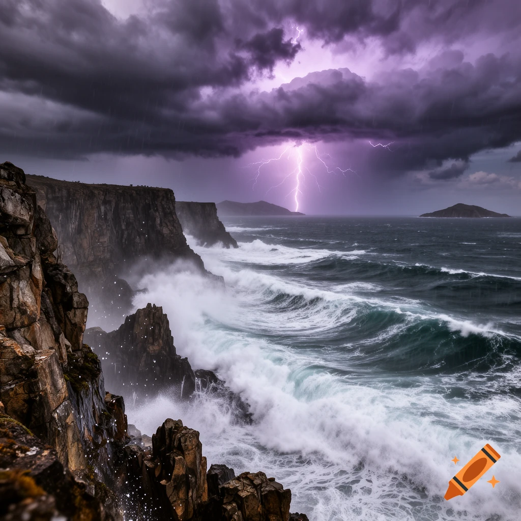 Dramatic lightning storm over rugged sea cliffs with powerful waves crashing, under a dark, purple-tinged sky.