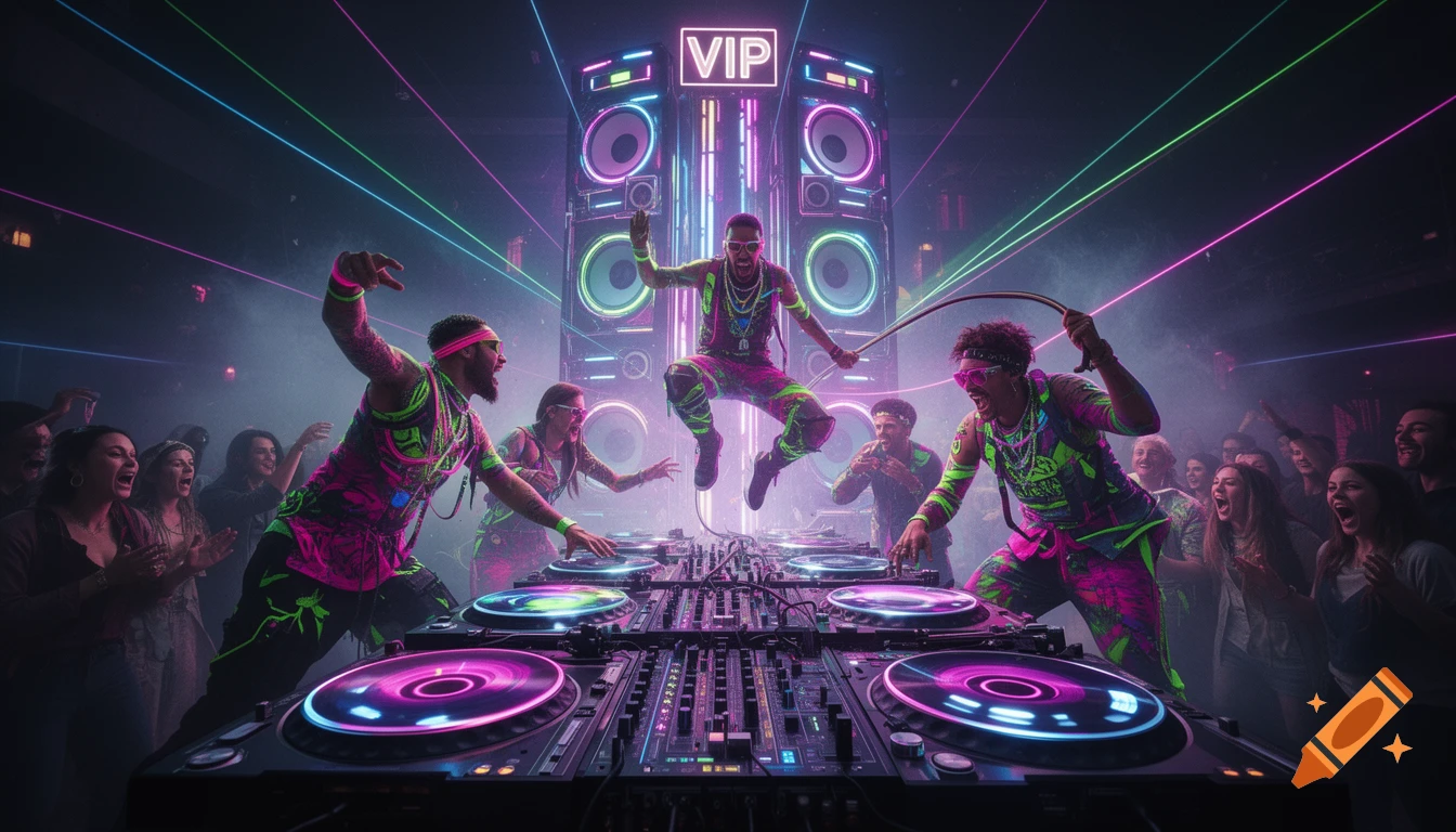 Cyberpunk-style DJ battle in a chaotic, neon-lit club. DJs in vibrant outfits aggressively play turntables before a cheering crowd.