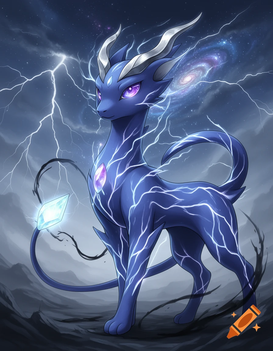 A dark blue, lightning-covered Pokemon-like creature with glowing purple eyes and gems in a stormy landscape with a galaxy.