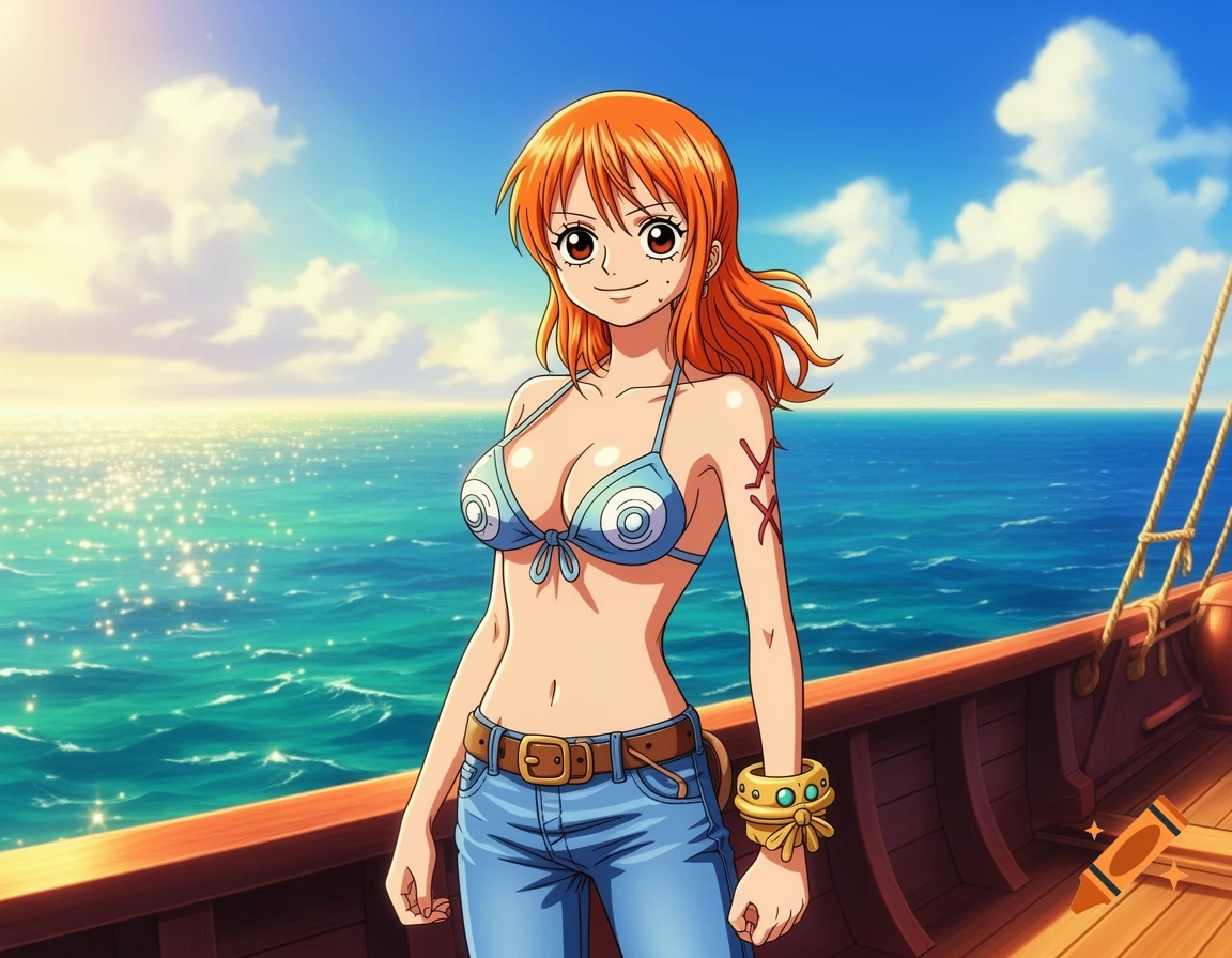 Anime character Nami from One Piece, smiling and standing on a boat deck with a clear blue ocean and sky background.