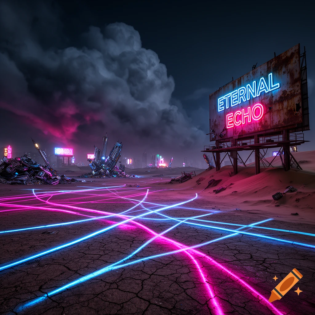 Cyberpunk wasteland with glowing neon paths, a rusty billboard reading 'Eternal Echo', and ruined structures under a stormy sky.