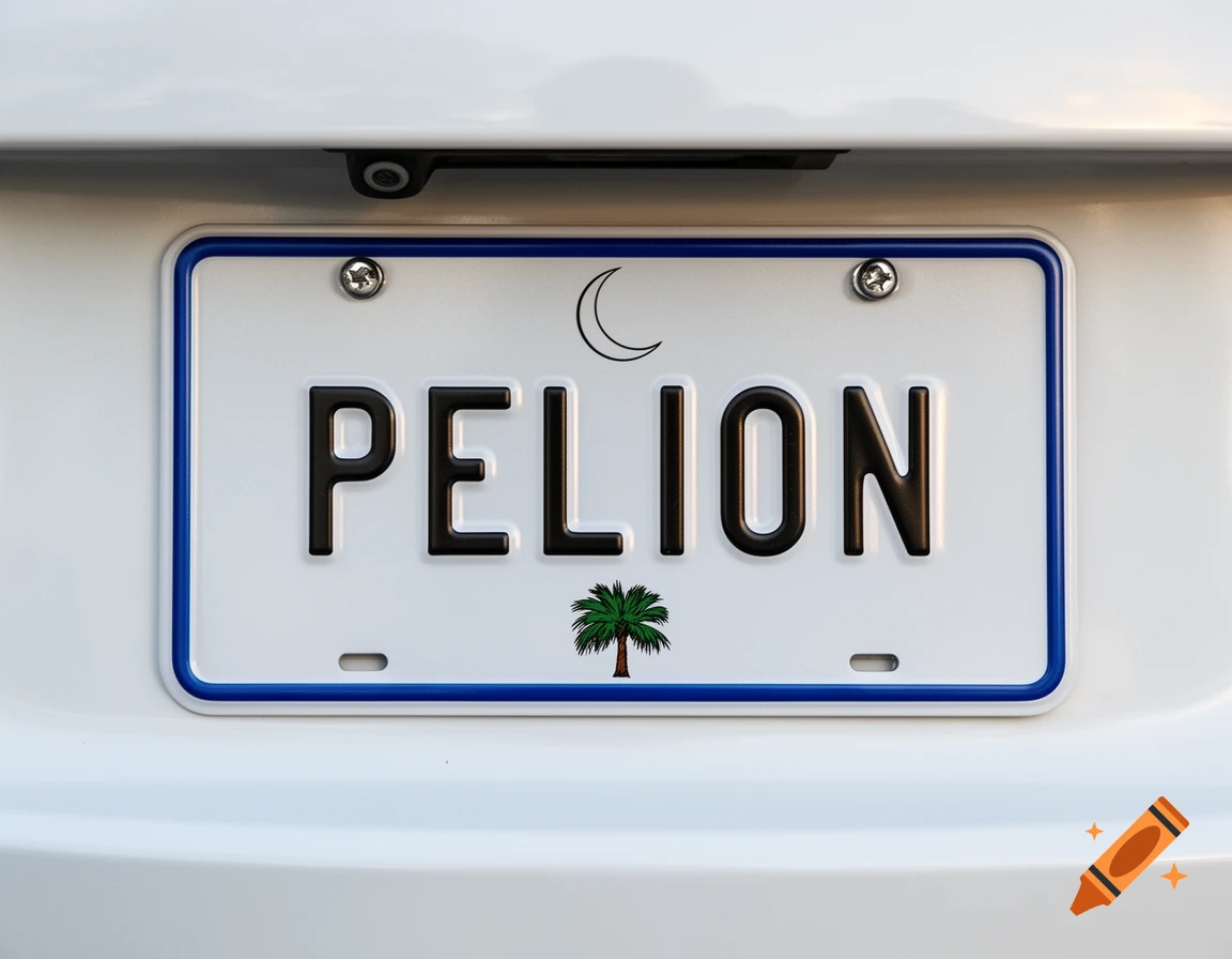 A white South Carolina license plate with 'PELION', a crescent moon, and a palm tree, on a white car.