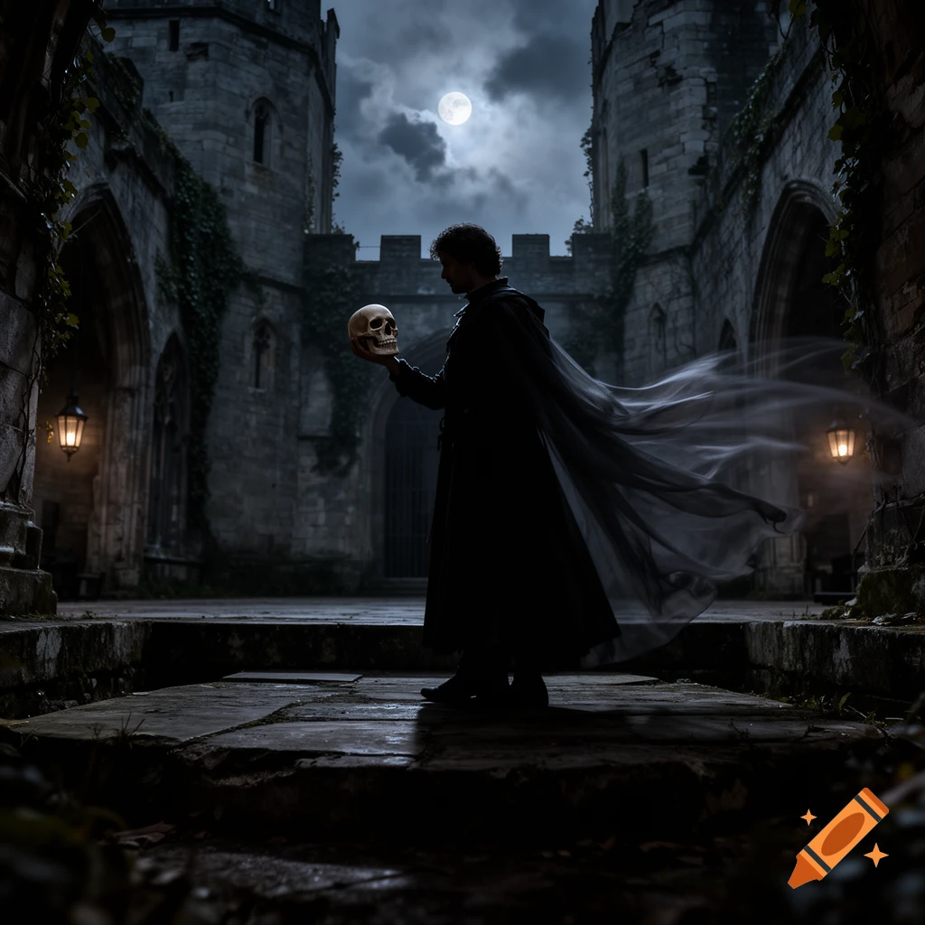 A shadowy figure resembling Hamlet holds a skull in a moonlit gothic castle courtyard.