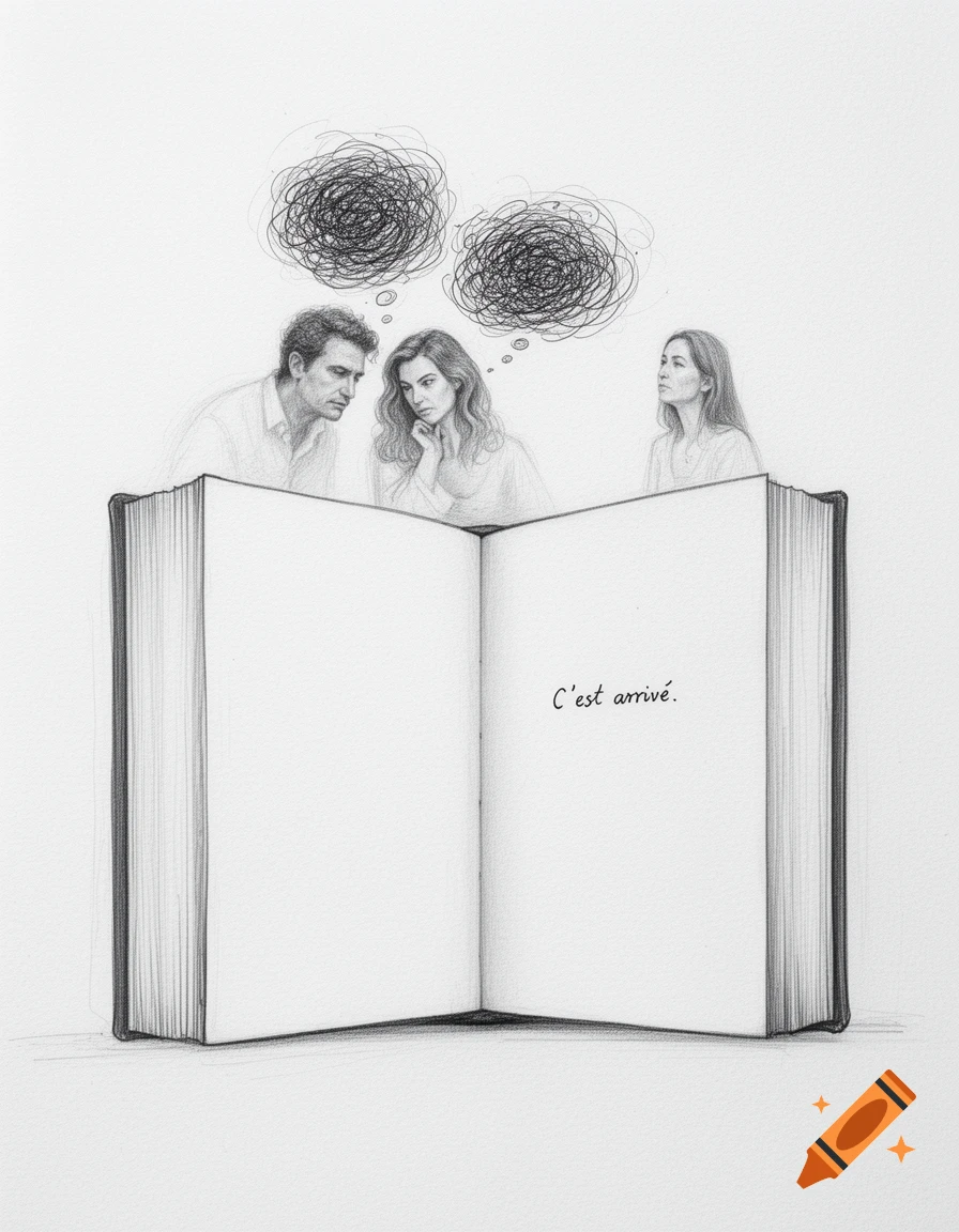 A minimalist pencil sketch of three pensive people above an open book displaying the French text 'C'est arrivé.'