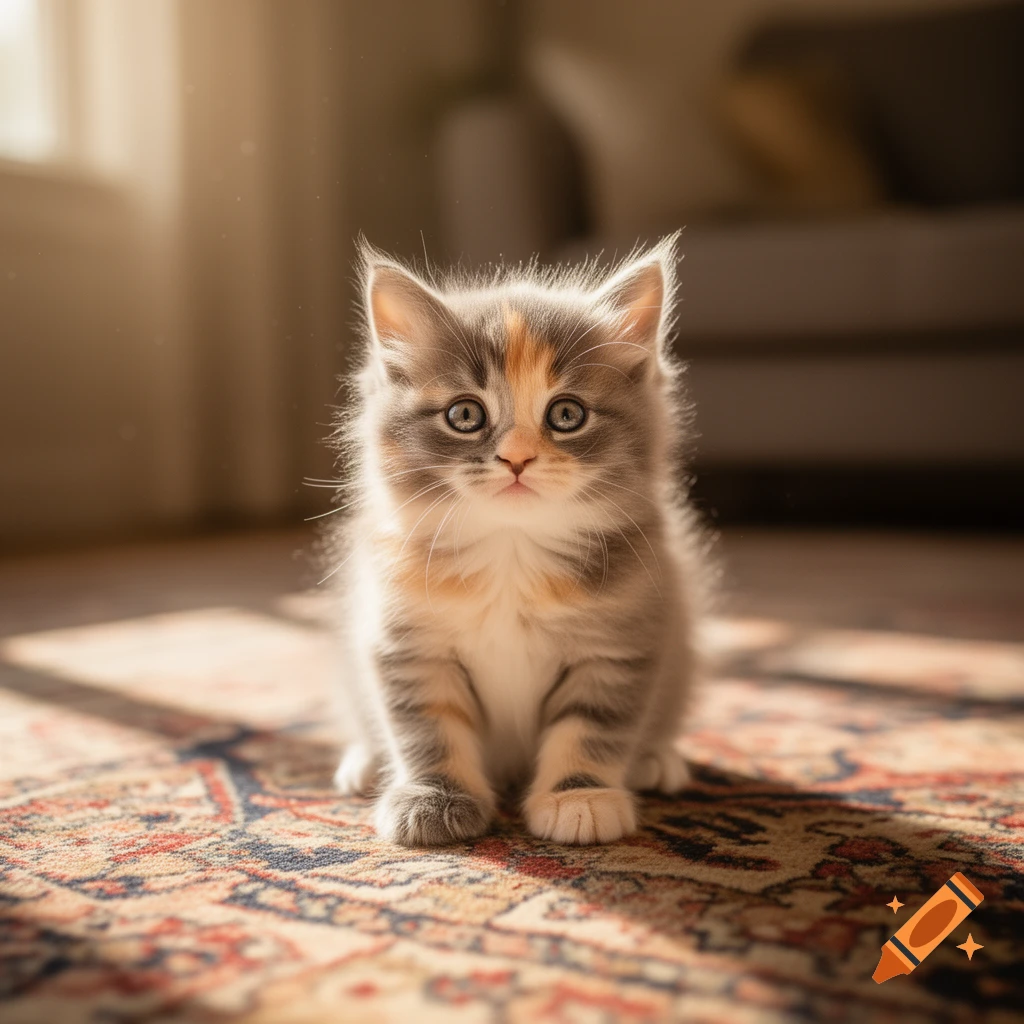 A fluffy calico kitten with large eyes sits on an ornate rug, bathed in warm sunlight.