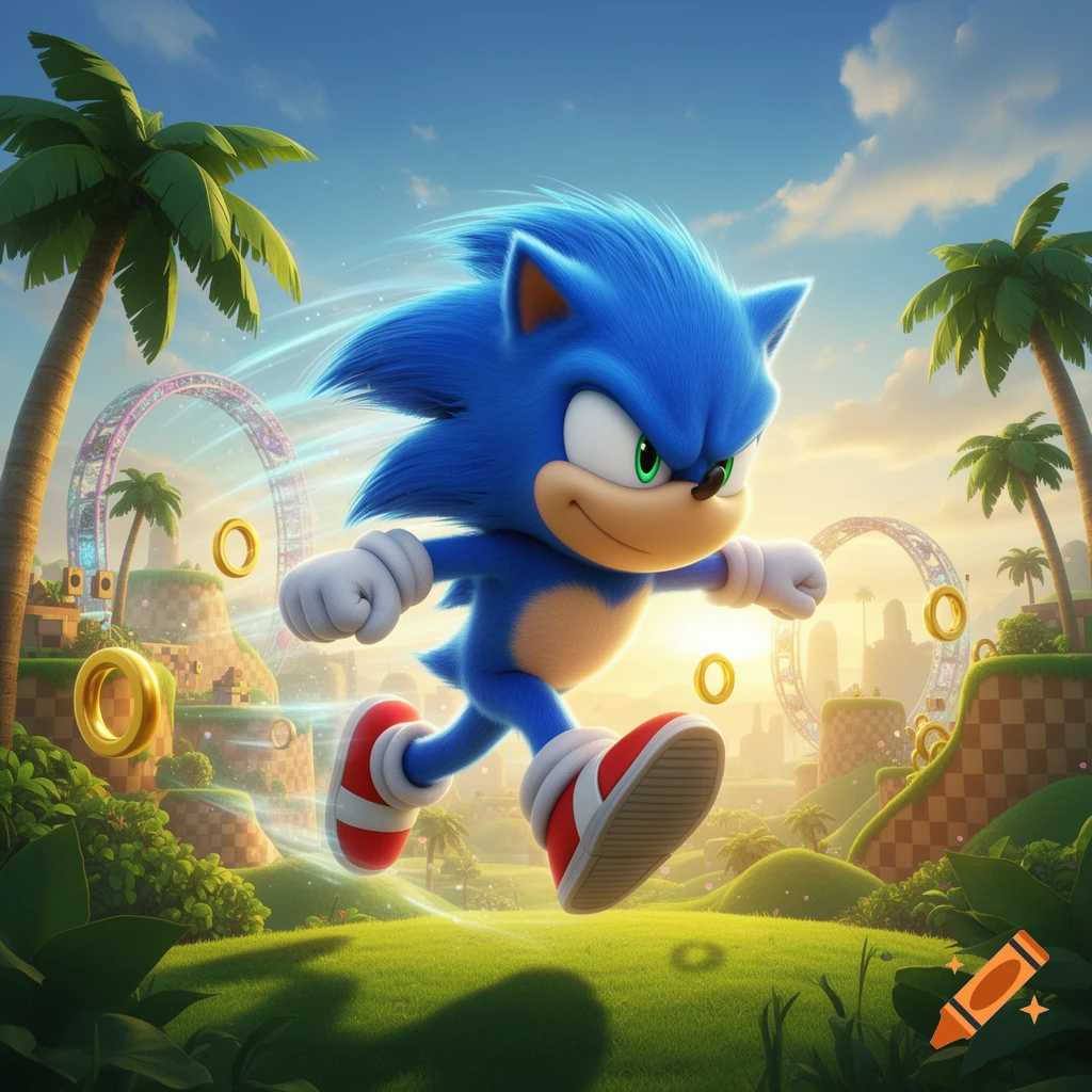 Sonic the Hedgehog runs at super speed through a vibrant, sunny Green Hill Zone-like landscape with palm trees and golden rings.