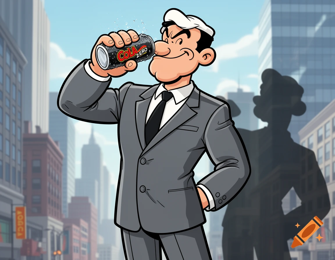 Cartoon man in a grey suit, resembling Popeye, drinks from a 'Cola Zero' can on a city street.