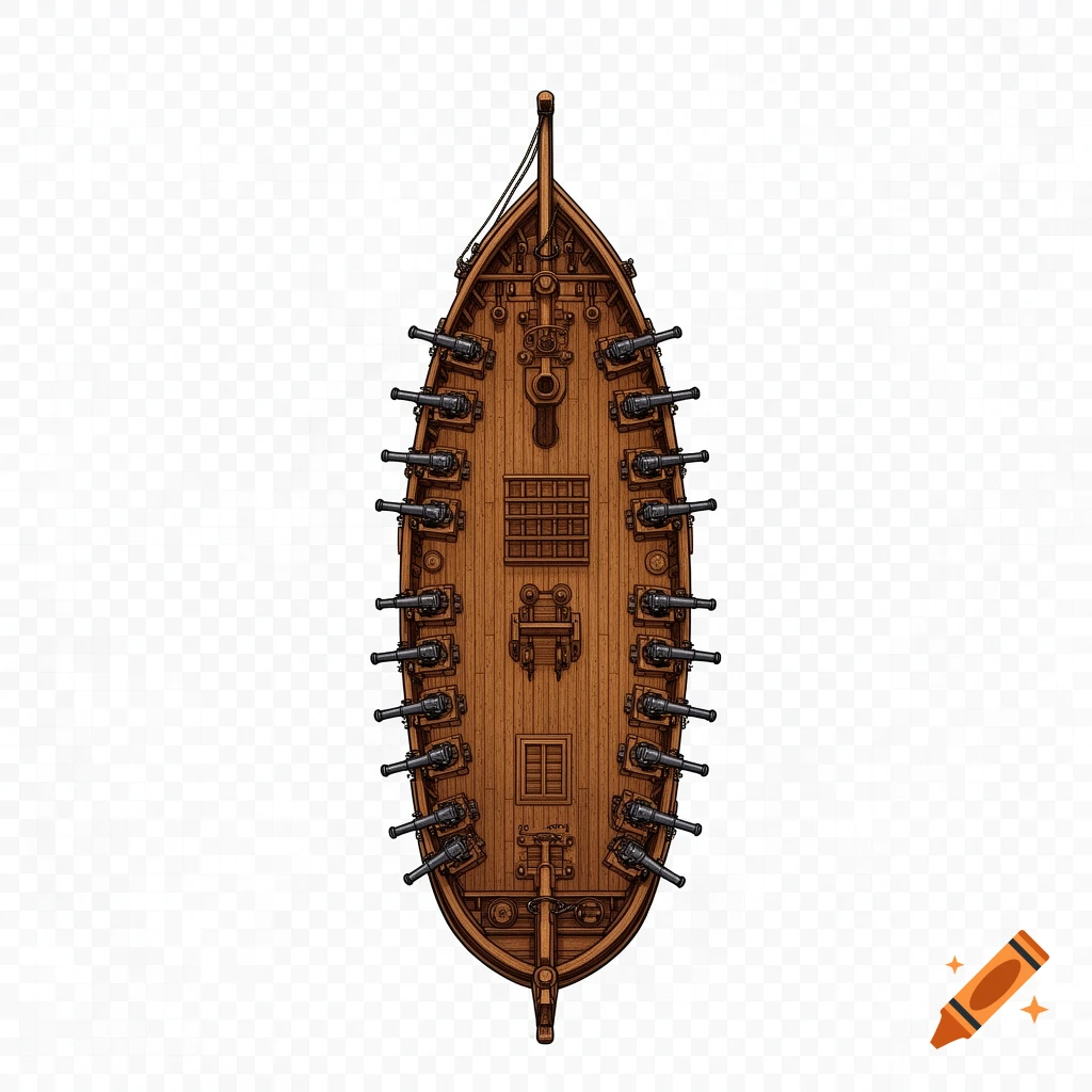 Top-down 2D pirate ship with many cannons on a transparent background, in a game graphic style.