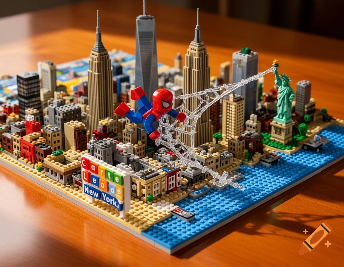 A detailed Lego model of New York City featuring famous skyscrapers, the Statue of Liberty, and Spider-Man swinging on a web.